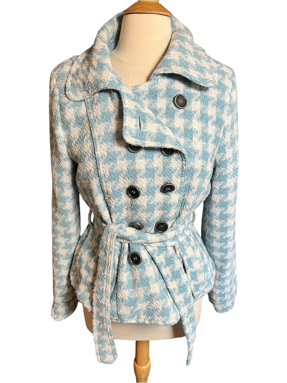 Rue21 Light Blue Houndstooth Double-Breasted Belted PeaCoat side pockets Size XL